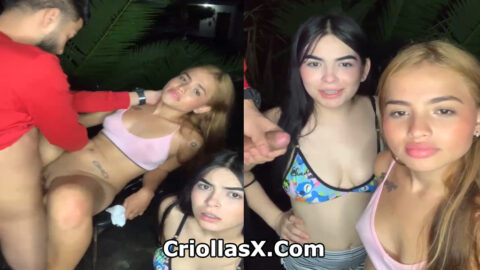 Dos colombianas en un trío porno en el patio de la casa - Porno Colombiano