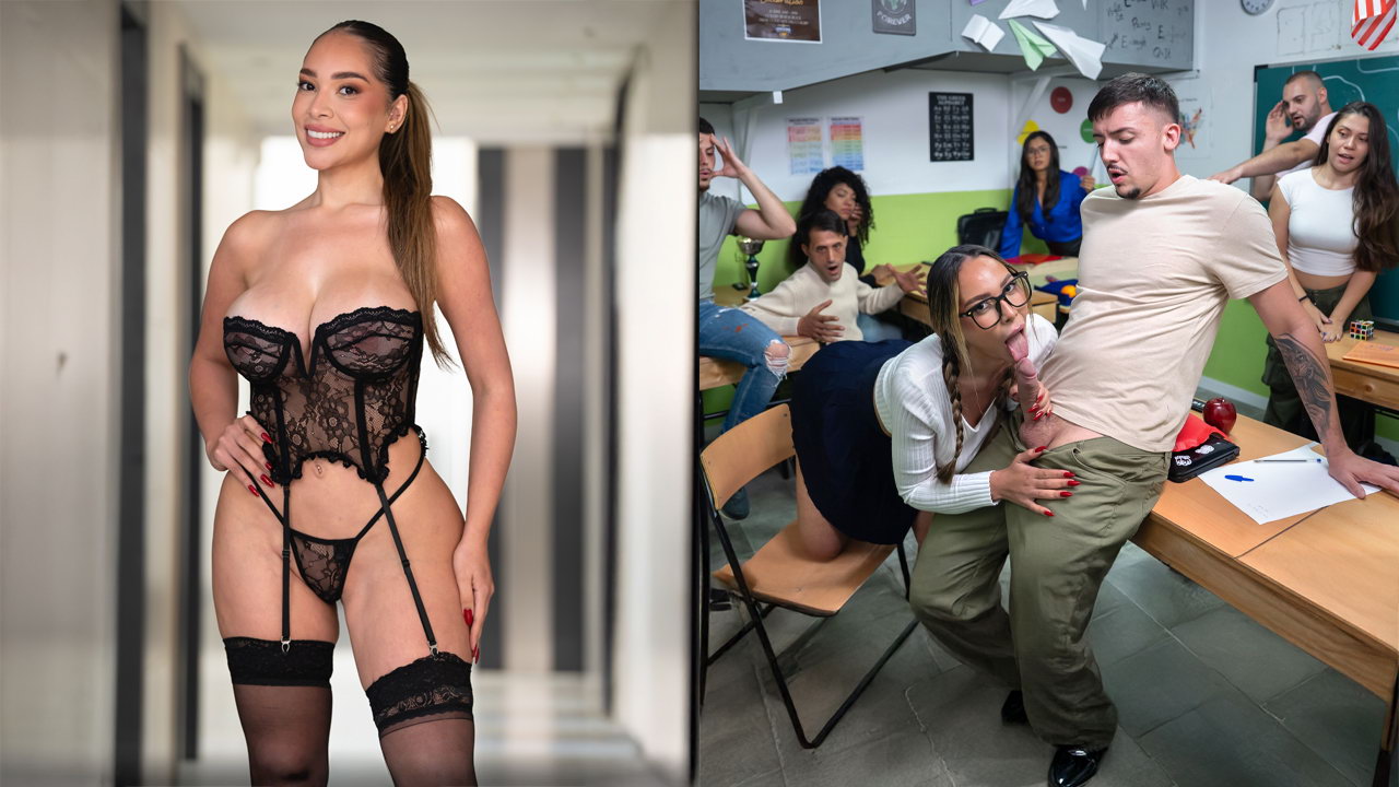 La puta más caliente de la clase chupando polla en medio del aula
