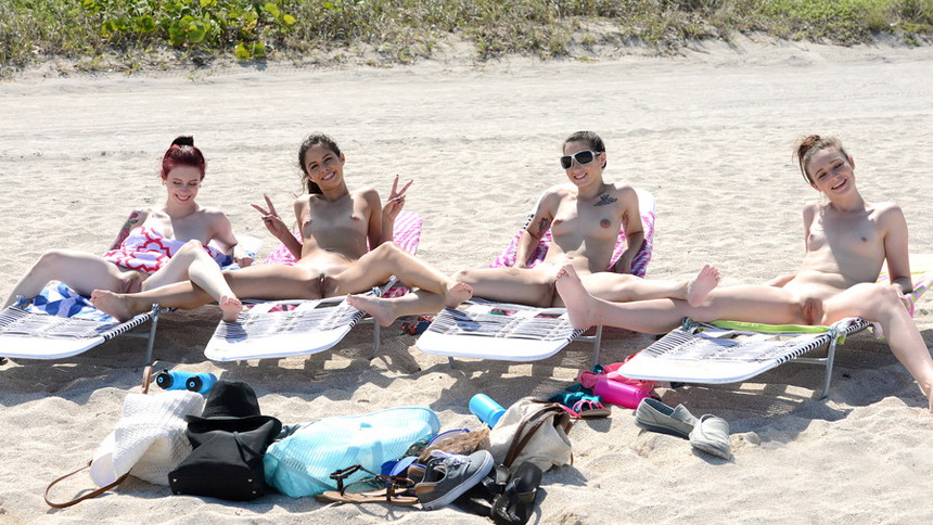 Sex orgy with four naked girls after a day at the nude beach