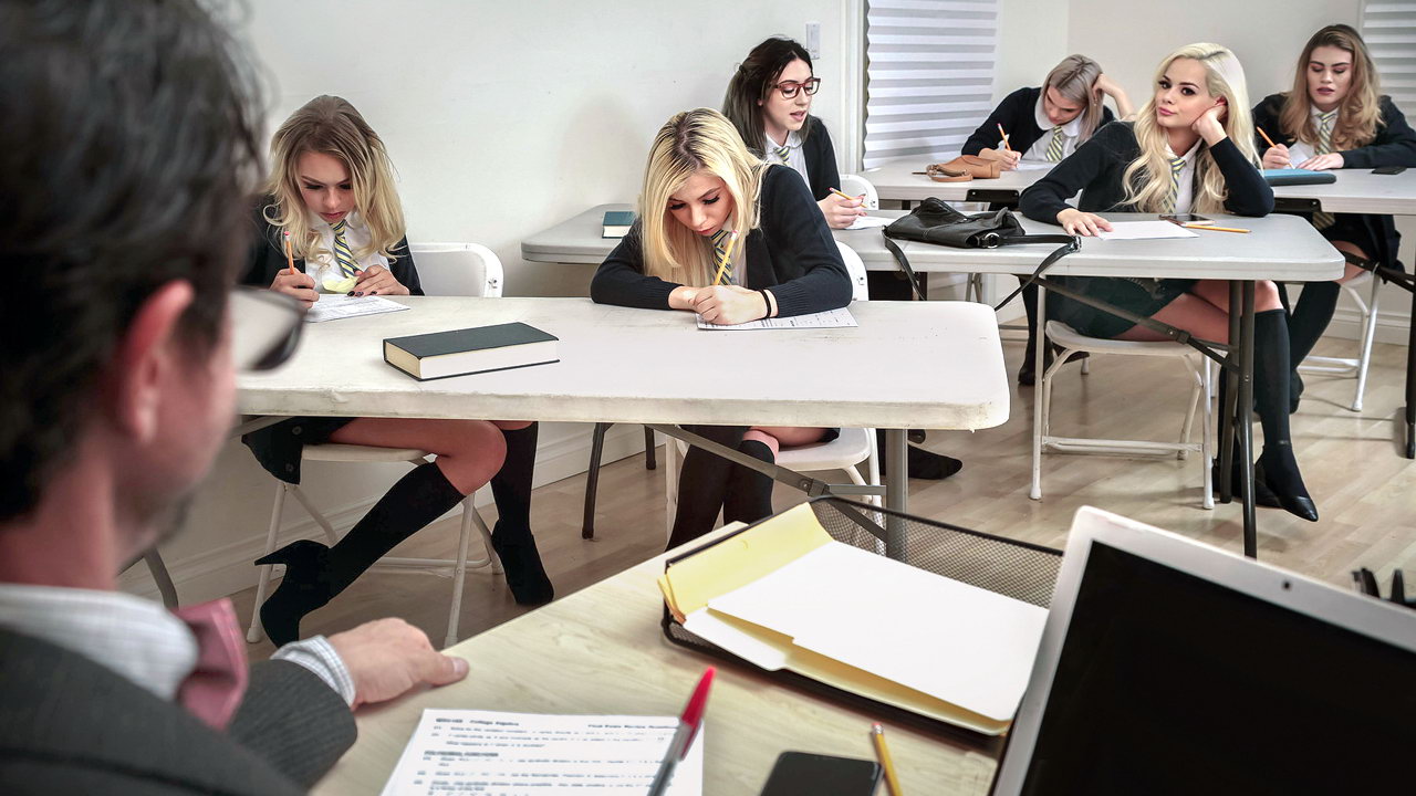 Three naughty college girls threaten their professor and gangbang him