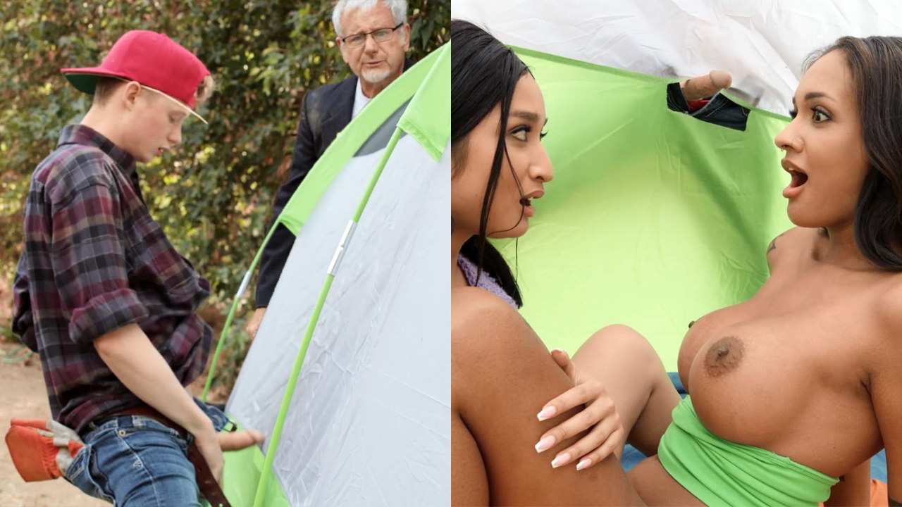 Two sexy naked girls seduce the young farmer into a threesome while camping