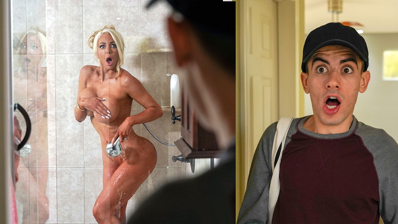 Beautiful naked woman seduced a paperboy after she caught him in her shower