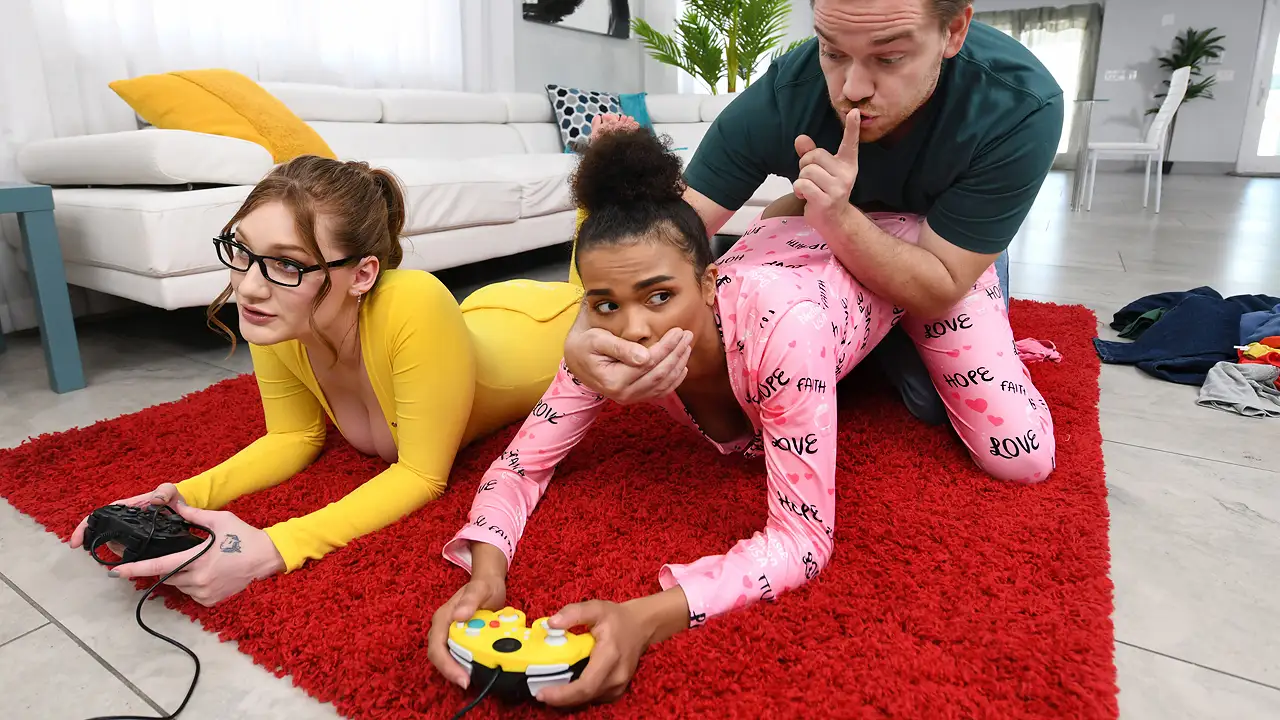 Teens get fucked through the butt flap of onesie pajamas while playing video games