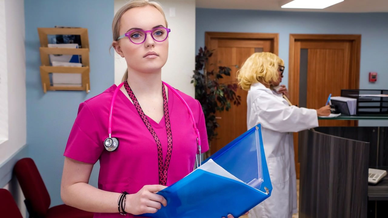 Beautiful nurse acts modest before turning into a slut alone with one of her patient