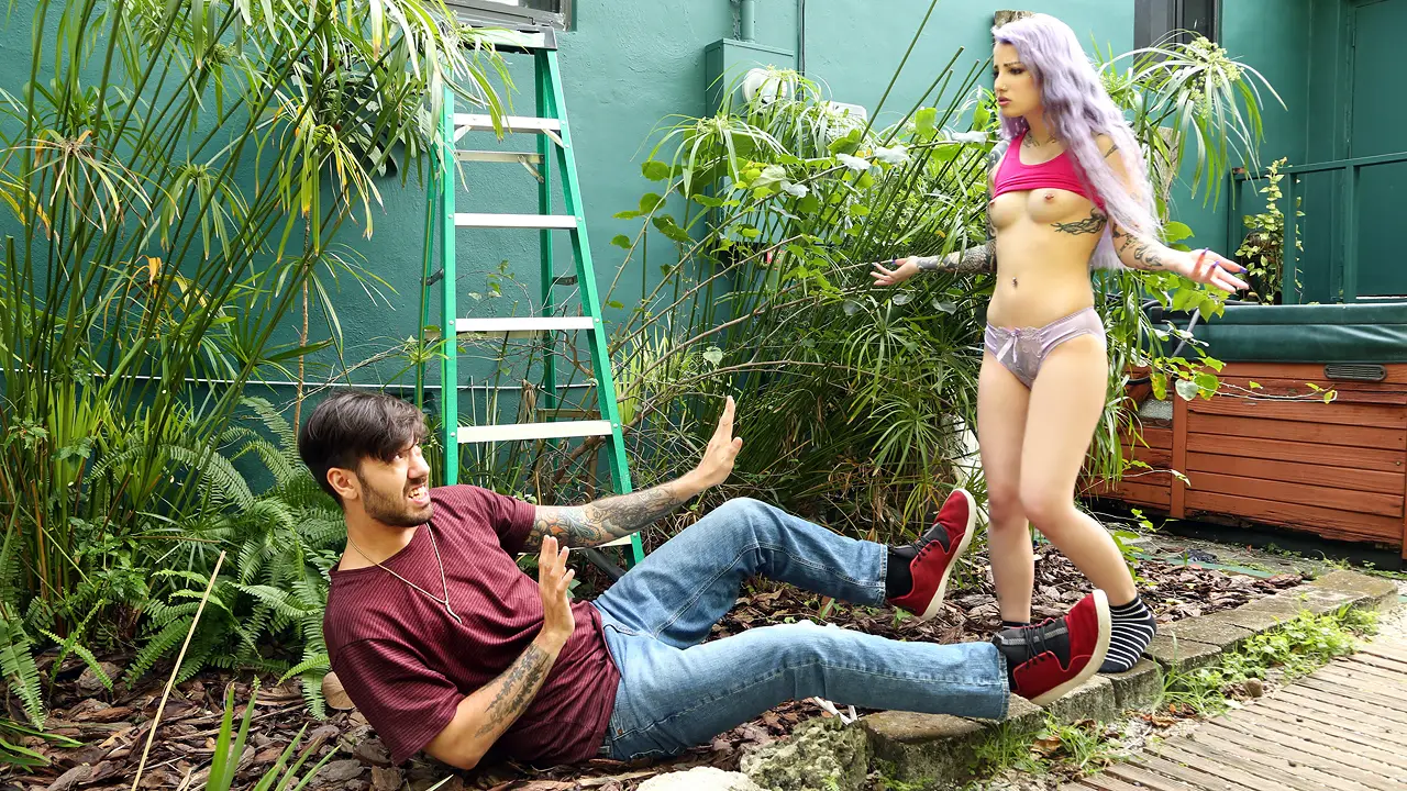 Cute teen babe catches her horny neighbor and makes him fuck her