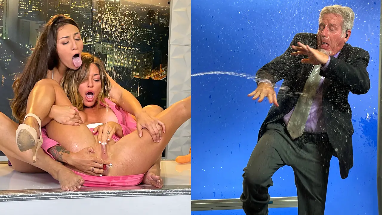 Squirting lesbians share a dildo on live television
