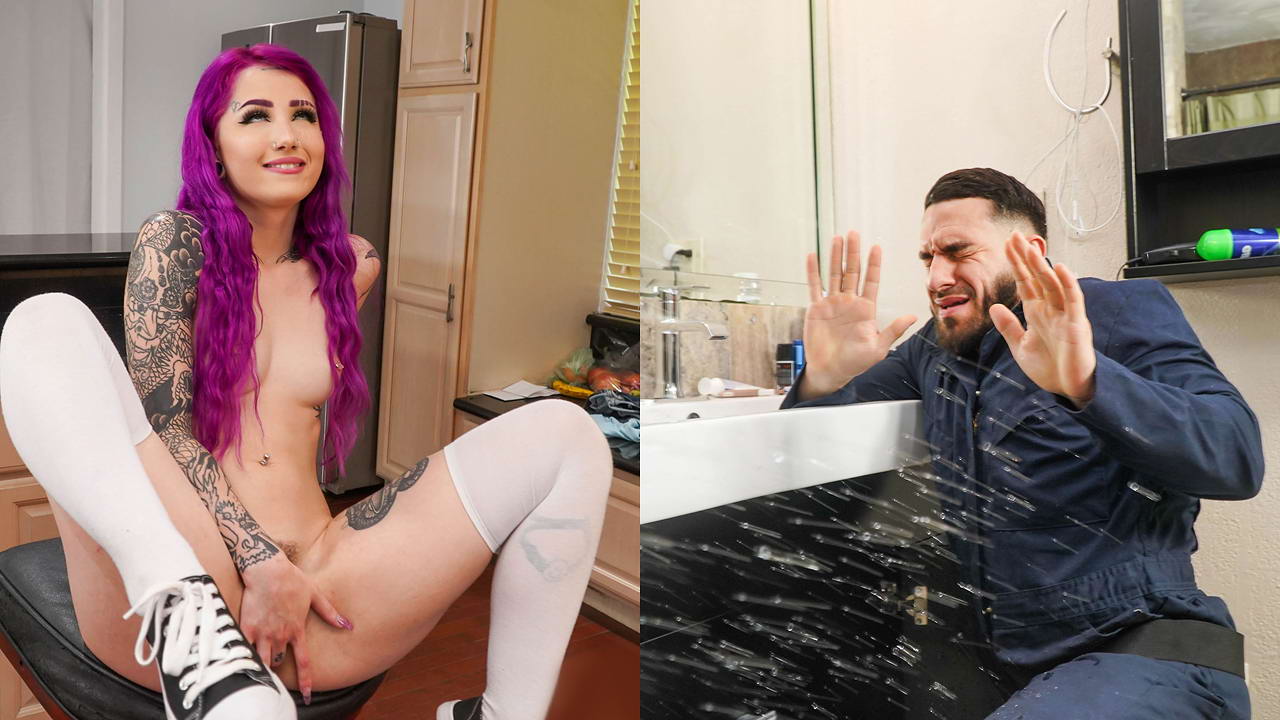 Naked girl squirts on her plumber who ends up fucking her brains out