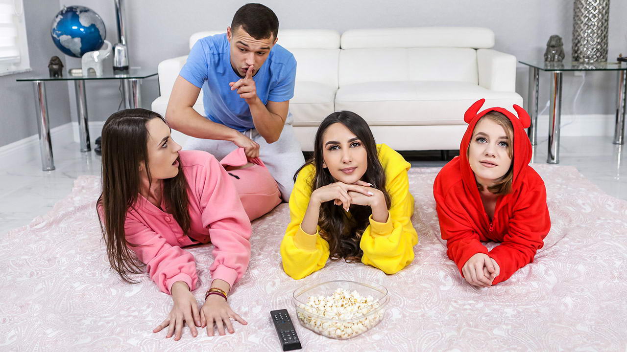 Three girls interrupted while watching a movie and pounded in a foursome