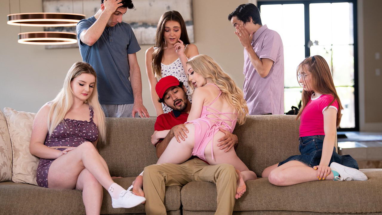 Sexy naked girl fucks a pizza delivery dude in front of her students